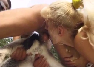 Kinky human couple in a zoo 3some