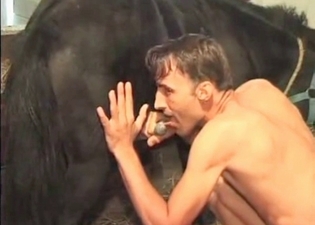 Gaunt zoophile dude blows a horse