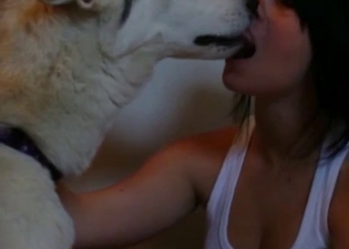 Cute babe is kissing her lovely husky