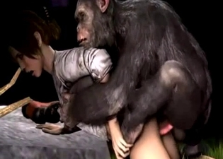 3D monkey pounds a passionate brunette
